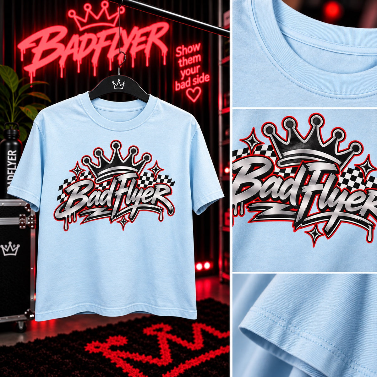 Light blue BadFlyer Checkered Crown Tee